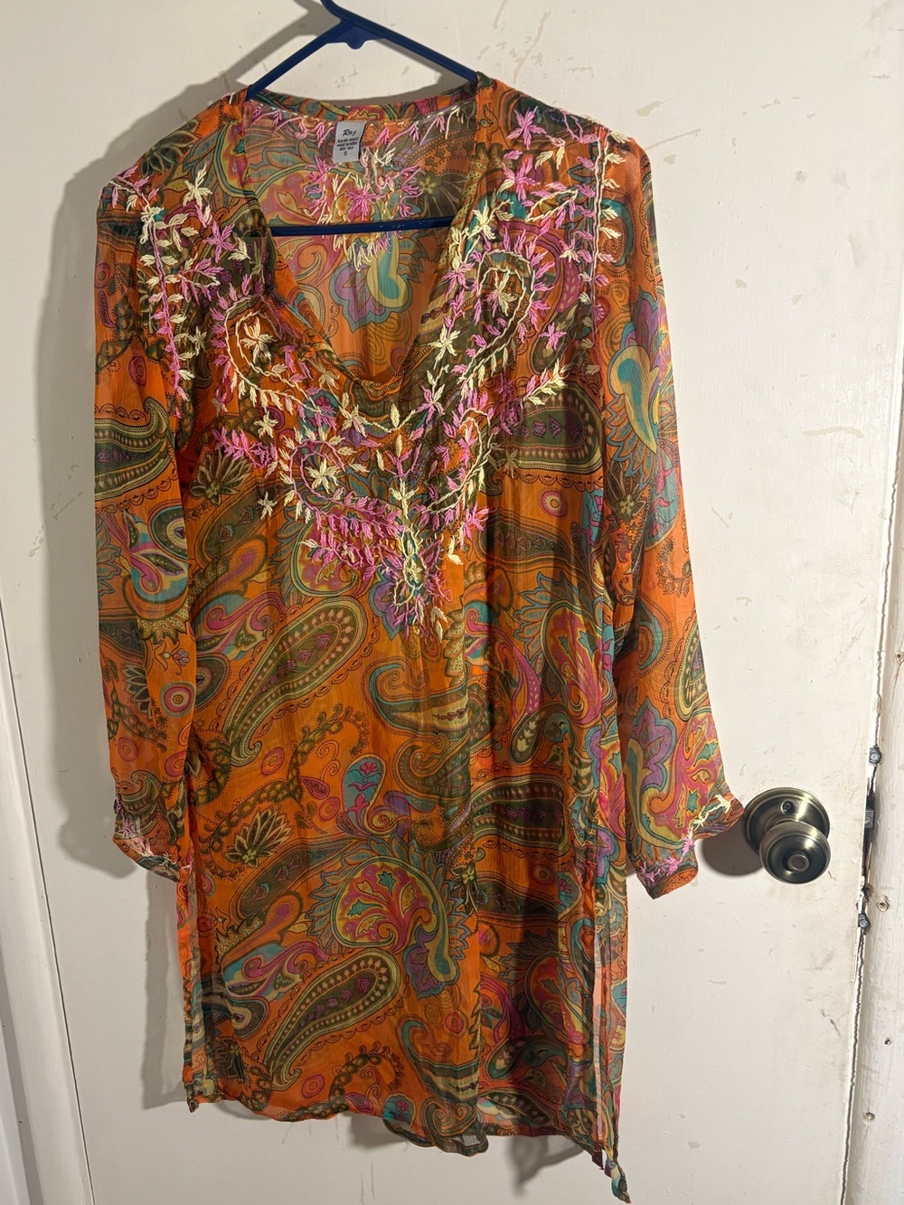 Raj Multicolor Floral Embroidered Silk Top - Orange Pink Yellow